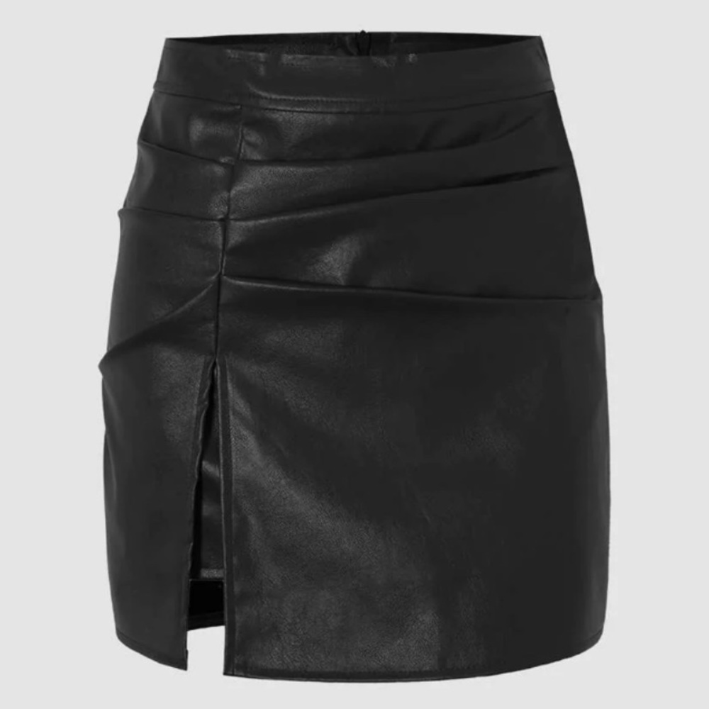 Faux Leather Pleated Slit Mini Skirt